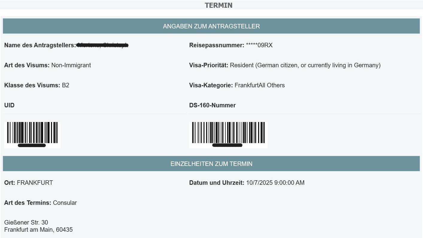 Neuer Termin: B2 Visum (USA)